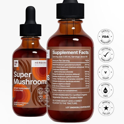 Super Mushrooms 8-in1 - 2 fl oz Liquid Extract - Brain Booster & Immune Support Drops - Reishi, Lion`s Mane, Cordyceps, Chaga, Mitake, Turkey Tails, Shiitake, Agaricus - High Potency - 45-Day Supply
