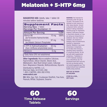 Natrol Melatonin + 5-HTP Advanced Time Release Sleep Aid, Triple Action Formula, Calm the Mind, Fall Asleep Faster and Stay Asleep Longer, 60 Bi-Layer Tablets, Up to a 60 Day Supply