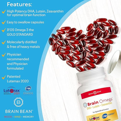 Brain Omega with Lutein and Zeaxanthin – Omega 3 Supplement for Brain, Heart & Eye Health – 460 mg DHA, 90 mg EPA, Lutein and Zeaxanthin Supplements – 180 Softgels (90 Servings)