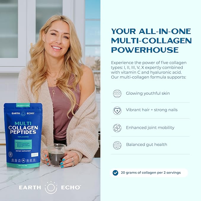 Earth Echo Multi Collagen Peptides, Hydrolyzed Collagen with Vitamin C and Hyaluronic Acid, Supports Radiant Skin, Healthy Joints, Gut Health and Immune Function, Dairy-Free, 26 Servings
