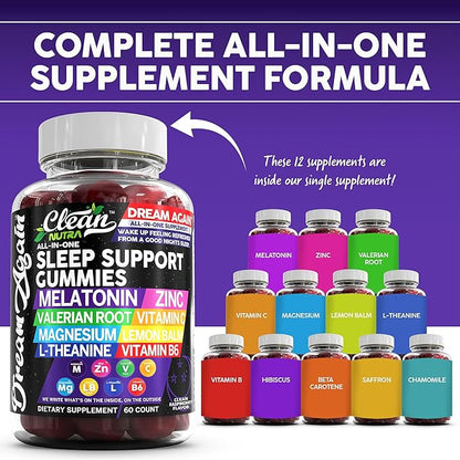 Clean Nutra Melatonin Gummies 10mg | Sleep Aid Valerian Root L-Theanine Vitamin B6 C Lemon Balm Magnesium Hibiscus Beta Carotene Saffron & Chamomile Rest Support Supplement Raspberry Flavor