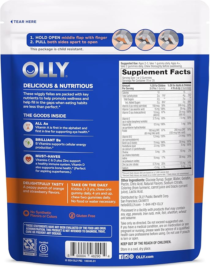 OLLY Kids Multivitamin Gummy Worms, Overall Health and Immune Support, Vitamins and Minerals A, C, D, E, Bs and Zinc, Chewable Supplement, Sour Fruit Punch, 45 Day Supply - 70 Count