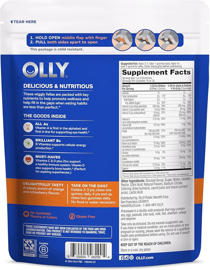OLLY Kids Multivitamin Gummy Worms, Overall Health and Immune Support, Vitamins and Minerals A, C, D, E, Bs and Zinc, Chewable Supplement, Sour Fruit Punch, 45 Day Supply - 70 Count