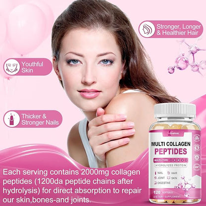 Hydrolyzed Collagen Peptides Pills Mutil Collagen Peptides Colageno Hidrolizado for Women Type I II III V X with Hyaluronic Acid Biotin Vitamin C - Support Skin Hair Nail | 120 Count