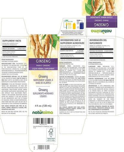Naturalma Ginseng (Panax Ginseng) Root Alcohol-Free Tincture - 4 fl oz Liquid Extract in Drops - Herbal Supplement - Vegan