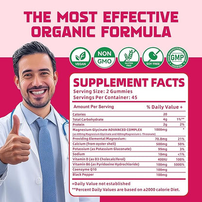 90 CT Magnesium Glycinate Gummies 1000mg - Sugar Free Magnesium Potassium Supplement with Vitamin D, B6, CoQ10 for Calm Mood & Sleep Support - 90 Cherry Gummies.