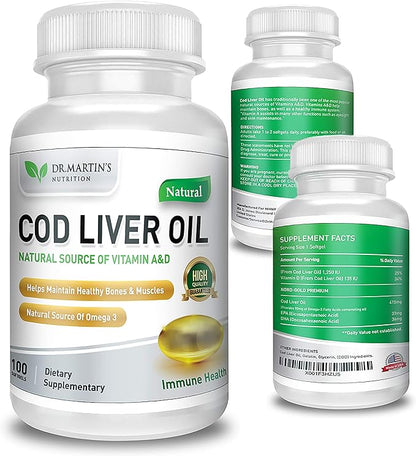Burpless COD Liver Oil | 100 Softgels | Natural Source of Omega 3 Fatty Acids EPA & DHA | Vitamin A & D | Support Brain, Heart, Eye & Immune Health For Joints, Bones & Muscles Supplement No AfterTaste
