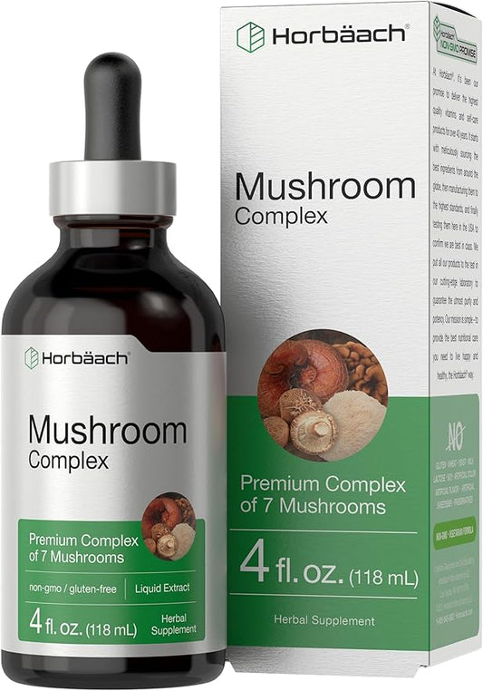 Horbäach Mushroom Complex Liquid Extract | 4 FL Oz Tincture Drops | 7 Premium Mushrooms | Maitake, Shiitake, Reishi, Chaga, Cordyceps, Lion's Mane & Oyster Mushrooms | Vegetarian, Non-GMO, Gluten Free