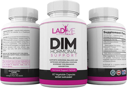 DIM Complex 150mg Hormonal Support Menopause Relief Supplement for Hot Flashes & Hormonal Acne Relief Bioperine, Broccoli & Calcium Estrogen Metabolism Balancing Pills for Women 60 Capsules by LadyMe