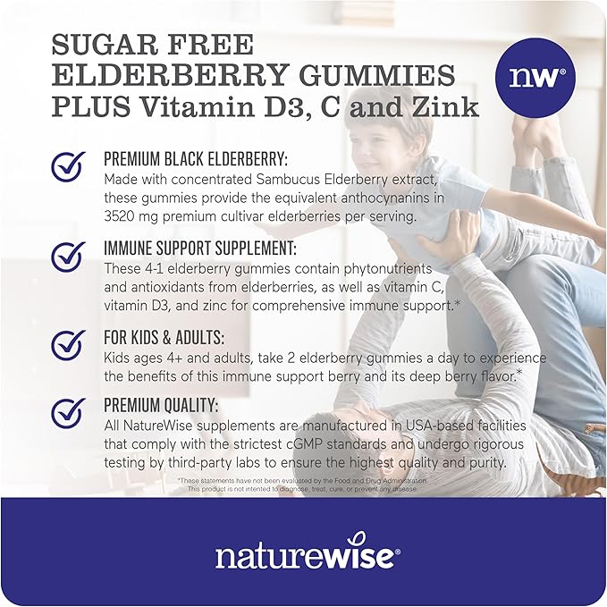 NatureWise Sambucus Elderberry Gummies - Sugar-Free - Daily Immune Support Supplement for Kids and Adults*, with Vitamin C, D3, Zinc - Vegan, Gluten Free, Non-GMO - 60 Count[1-Month Supply]