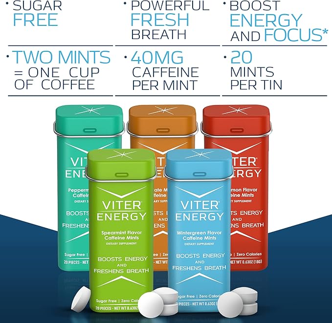 Viter Energy 40mg Caffeine Mints - Sugar Free, B Vitamins, Vegan, Boosts Fast Energized Alert Focus, Caffeinated Nootropic Supplement Pills (Variety Flavors, 20pcs, 5 Pack, 100pcs Total)