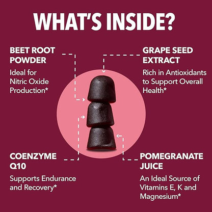 Beet Root Gummies with COQ10 & Pomegranate - Nitric Oxide Supplement for Men and Women - Beetroot for Endurance, Performance, Recovery - Vegan, Non-GMO, Gluten Free - Mixed Berry Flavor, 30 Count