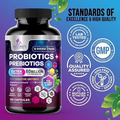 Daily Probiotic for Women & Men 60 Billion CFU 10 Strains Supplement Lactobacillus Probiotics - Digestive Gut & Immune Health Support - Supports Occasional Constipation, Gas & Bloating - 120 Capsules
