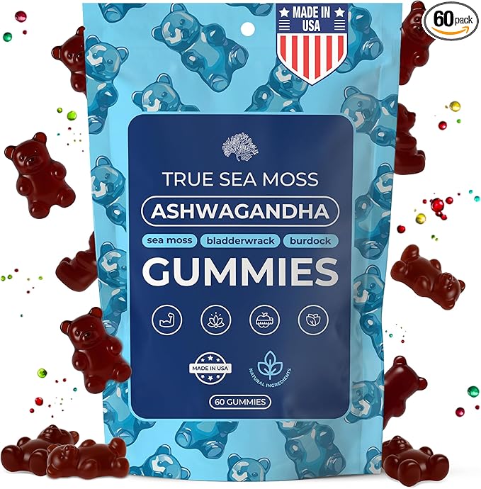 Ashwagandha Gummies for Women & Men – Vegan Herbal Blend with Sea Moss, Bladderwrack & Burdock, 60 Gummies in Pouch (30-Day Supply)