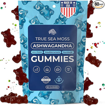Ashwagandha Gummies for Women & Men – Vegan Herbal Blend with Sea Moss, Bladderwrack & Burdock, 60 Gummies in Pouch (30-Day Supply)