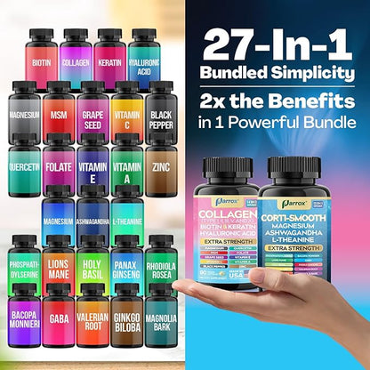 Shining Serenity Set, Cortisol Support with Ashwagandha, L-Theanine, Magnesium, Lions Mane, GABA, Bacopa Monnieri, Collagen I, II, III, V, X, Folate, Biotin, Keratin, Hyaluronic Acid, Quercetin