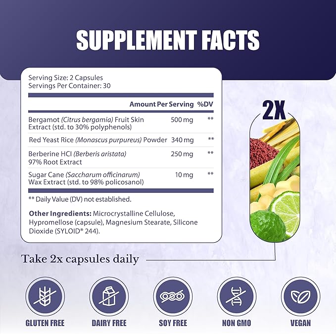 CL Switch – Heart Wellness Supplement – Supports Healthy Cholesterol Levels & Blood Pressure Already in Normal Range* – with Citrus Bergamot, Berberine, Red Yeast Rice & More – 60 Capsules