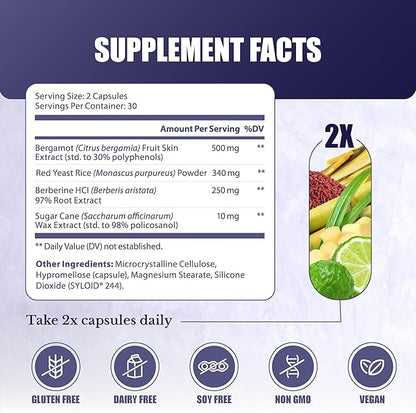 CL Switch – Heart Wellness Supplement – Supports Healthy Cholesterol Levels & Blood Pressure Already in Normal Range* – with Citrus Bergamot, Berberine, Red Yeast Rice & More – 60 Capsules