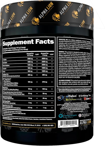 ALPHA LION Superhuman Extreme High Stim Pre Workout Powder, Beta Alanine, L-Taurine & 356mg Tri-Source Caffeine for Sustained Energy, Nitric Oxide & Citrulline for Pump (21 Servings, Grape Flavor)