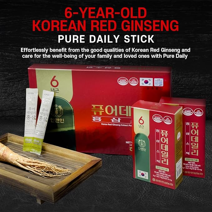 Korea Red Ginseng Extract Pure Daily Stick Hong Sam, Natural Energy Booster for Men & Women Immune Support, Fatigue Recovery - 30 Sticks