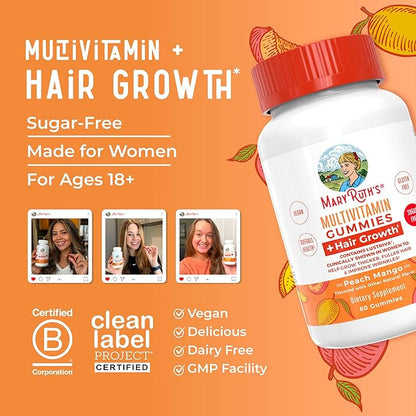 MaryRuth's Multivitamin + Hair Growth Gummies | with Lustriva® | Biotin 10000mcg | B Vitamins | Formulated for Thicker Hair, Wrinkles, Fine Lines, Skin Care | Ages 18+ | 30 Servings