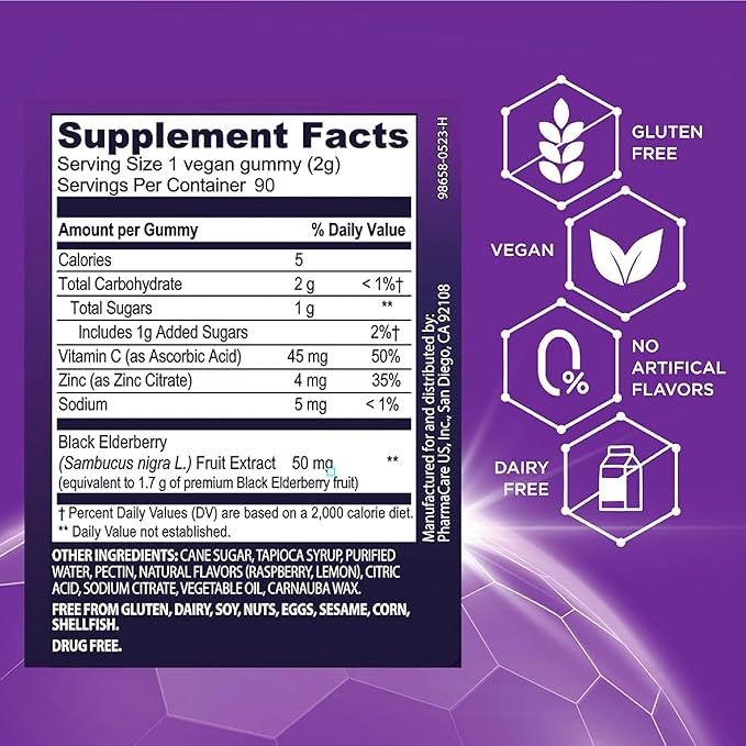 Sambucol Elderberry Gummies for Adults with Vitamin C; Zinc; Sambucus Elderberry Gummies for Immune Support with High Antioxidants; Gluten Free; Vegan; 1 Gummy Per Serving; 90 Count (90 Day Supply)