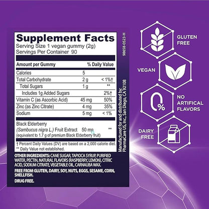 Sambucol Elderberry Gummies for Adults with Vitamin C; Zinc; Sambucus Elderberry Gummies for Immune Support with High Antioxidants; Gluten Free; Vegan; 1 Gummy Per Serving; 90 Count (90 Day Supply)