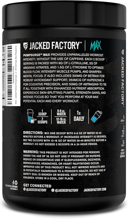 Jacked Factory Pumpsurge Max Stim Free Pre Workout - High-Performance Caffeine Free Pre Workout with L-Citrulline, N03-T Arginine Nitrate & Glutathione - 40 Servings, Blue Raspberry