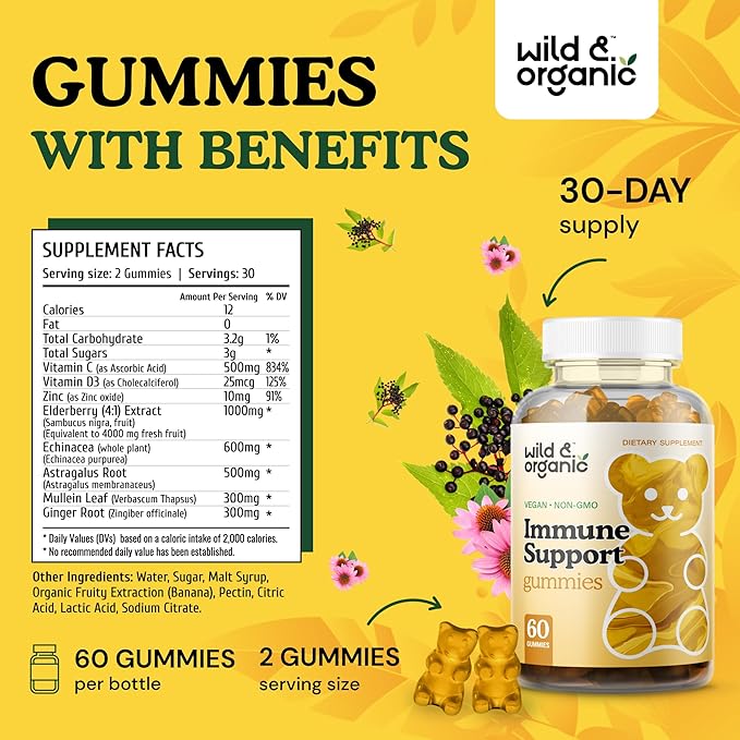 Wild & Organic Immune Support Gummies - Elderberry 1000mg & Vitamin C 500mg - Natural Immune Support Supplement - Vegan Immunity Gummies with Vitamin C D Zinc - 60 Count