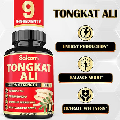 Satoomi 9in1 Tongkat Ali Root Extract - Ashwagandha, Tribulus Terrestris - 90 Capsules for 3 Months - Support Strength, Energy & Healthy Immune