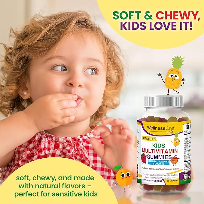 WellnessOne Kids Multivitamin Gummies - Sugar-Free Immune Support Supplement Packed with Vitamin C, B6, B12, Folic Acid & More - Natural Strawberry, Pineapple & Orange Flavors - 60 Gummy Vitamins