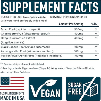 PMS Support Supplement for Women with Chasteberry, Maca Root, Ashwagandha - Period Relief, Bloating Relief for Women, Mood Support, Hormone Balance Herbal Supplements - 30 Day, 60 Vegan Capsules