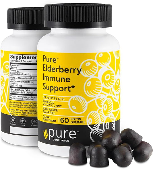 Sambucus Elderberry Gummies with Zinc & Vitamin C - Sugar Free Elderberry Immune Support Gummies & Vitamins for Adults & Kids – Vegan & Non-GMO – 60 Count