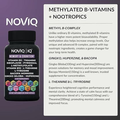 11-in-1 Nootropic Supplement: Supports Memory & Cognition - 100mg Ginkgo 150mg Bacopa 300mcg Huperzine 200mg L-Theanine 150mg L-Tyrosine & Bioactive B-Complex w/ 5-MTHF - 1,100mg+ Serving - 60 Count