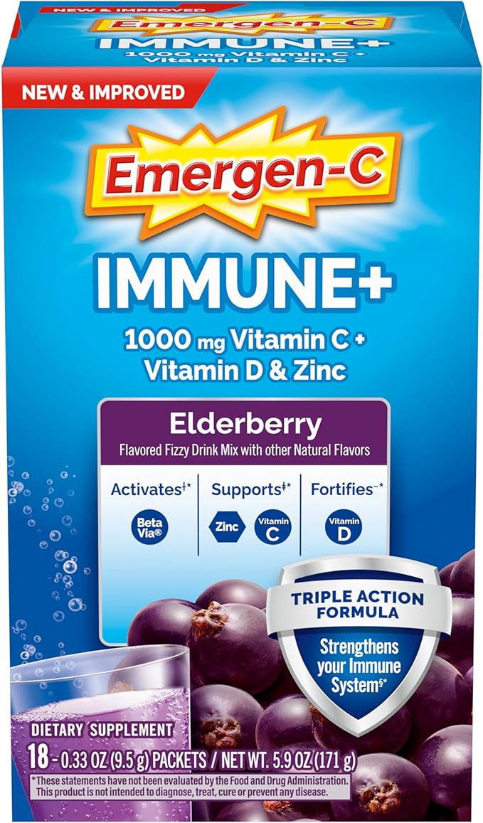 Emergen-C Immune+ Vitamin C 1000mg (18 Count, Elderberry) Dietary Supplement Fizzy Drink Mix Powder Packets
