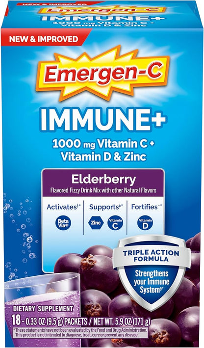 Emergen-C Immune+ Vitamin C 1000mg (18 Count, Elderberry) Dietary Supplement Fizzy Drink Mix Powder Packets