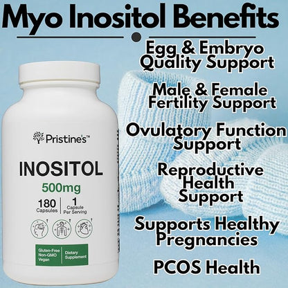 PRISTINE'S Myo Inositol PCOS Supplement Capsules - 500mg 180 Day Supply - Healthy Hormonal, Ovarian & Fertility Support Supplements - Vegan, Gluten Free, Non GMO
