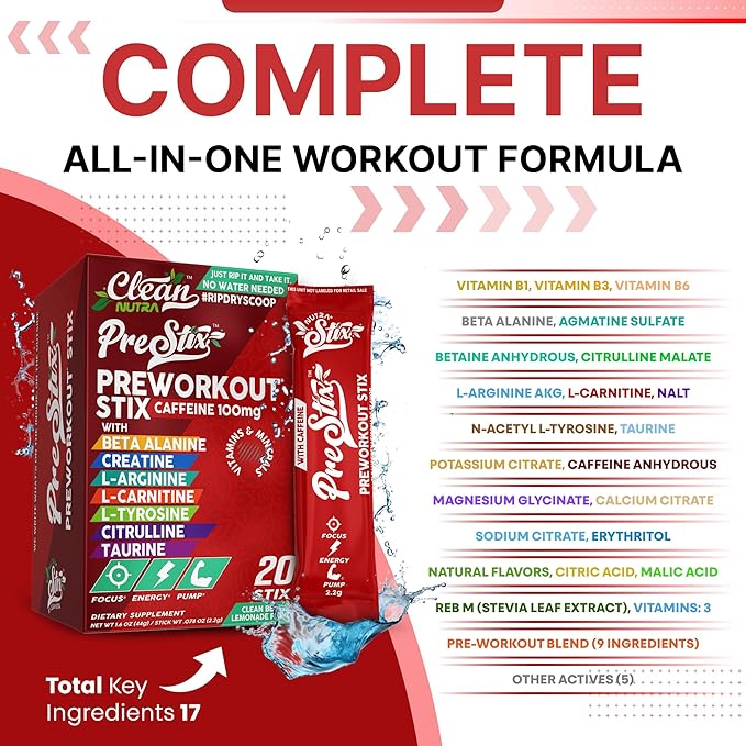 Clean Nutraceuticals Pre Workout Powder Stix - Creatine Monohydrate, Beta Alanine, L-Citrulline, Caffeine, L-Tyrosine, L-Carnitine – PreWorkout with Electrolytes – Energy Drink Alternative – 20 Count