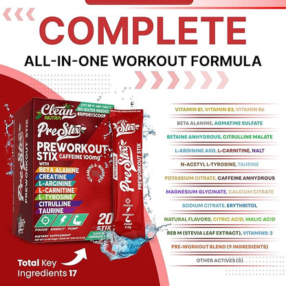 Clean Nutraceuticals Pre Workout Powder Stix - Creatine Monohydrate, Beta Alanine, L-Citrulline, Caffeine, L-Tyrosine, L-Carnitine – PreWorkout with Electrolytes – Energy Drink Alternative – 20 Count