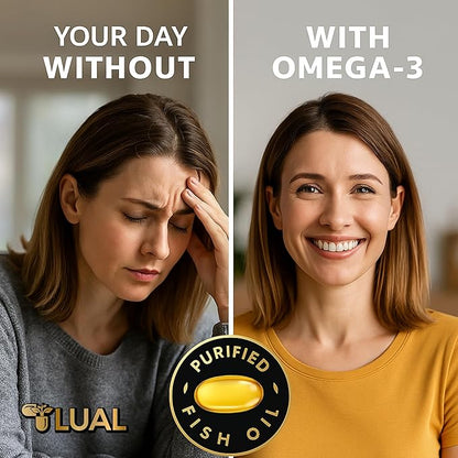 LUAL Omega-3 Fish Oil Softgels – 1000mg with EPA and DHA, Lemon Flavor, Burpless, Non-GMO Formula for Heart, Brain, and Overall Wellness – 120 Count