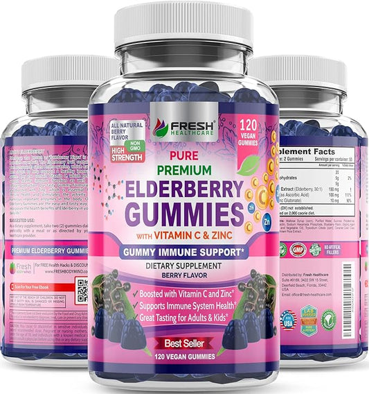 FRESH HEALTHCARE Elderberry Gummies with Vitamin C, Zinc & Sambucus Elderberry 30:1 Extract - 100% Vegan - Immune Support for Adults & Kids - 120 Count Gummy Supplement