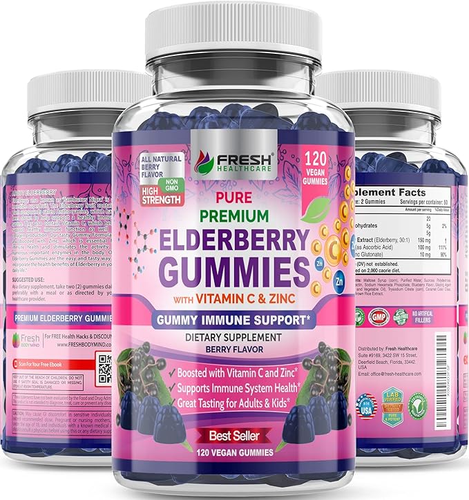 FRESH HEALTHCARE Elderberry Gummies with Vitamin C, Zinc & Sambucus Elderberry 30:1 Extract - 100% Vegan - Immune Support for Adults & Kids - 120 Count Gummy Supplement