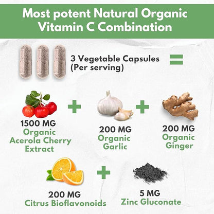 Natural Vitamin C from Organic Acerola Cherry - High Absorption - with Garlic Ginger & Citrus Bioflavonoids - Immune System & Collagen Booster - Anti Aging Skin Vitamins
