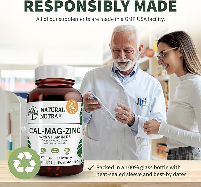 Natural Nutra Calcium Magnesium Zinc (Cal-Mag Zinc) Supplement with Vitamin D3 for Bone Strength, Helps Improve Digestion, Health Gluten Free and Sugar Free, Essential Mineral Complex (100 Count)