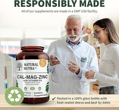 Natural Nutra Calcium Magnesium Zinc (Cal-Mag Zinc) Supplement with Vitamin D3 for Bone Strength, Helps Improve Digestion, Health Gluten Free and Sugar Free, Essential Mineral Complex (100 Count)