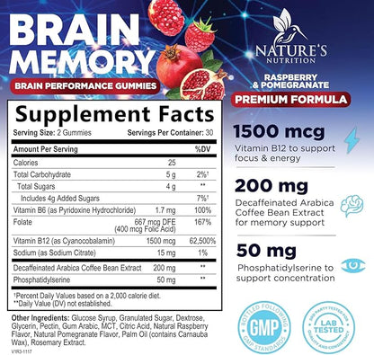 Brain Supplement Gummies for Concentration Memory & Focus Support - Brain Clarity Health with B6 B12, Phosphatidylserine, Coffee Extract, Nootropics Cognitive Vitamins for Adults - 60 Vegan Gummies