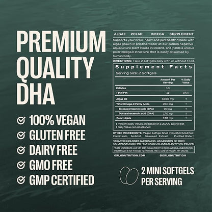 Orlo DHA - Vegan DHA Omega 3 Supplement - Triple Strength Omega3s - Plant Based DHA & EPA Fatty Acids Algae Omega-3 Oil - Krill or Fish Oil Alternative (120 Mini Softgels)