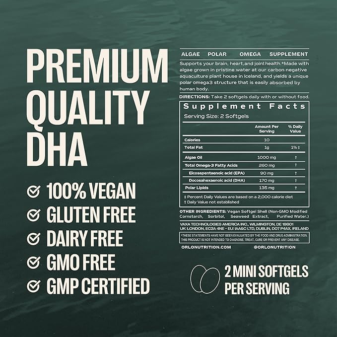 Orlo DHA - Vegan DHA Omega 3 Supplement - Triple Strength Omega3s - Plant Based DHA & EPA Fatty Acids Algae Omega-3 Oil - Krill or Fish Oil Alternative (60 Mini Softgels KIT)