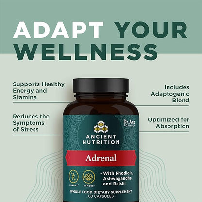 Ancient Nutrition Adrenal Support with Ashwagandha Supplement, Helps Reduce Stress & Fatigue, Paleo and Keto Friendly, Gluten Free, 1300mg, 60 Capsules