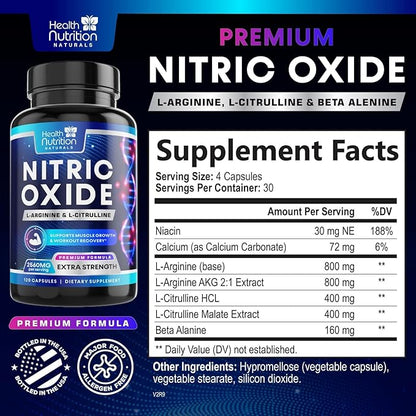 Extra Strength Nitric Oxide Supplement 3X Strength L Arginine, Citrulline Malate, AAKG, Beta Alanine - Premium Muscle Supporting Nitric Booster - Natural Energy & Heart Health Support - 120 Capsules